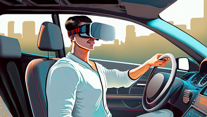 男子坐在車子駕駛座戴著 VR眼鏡的插圖