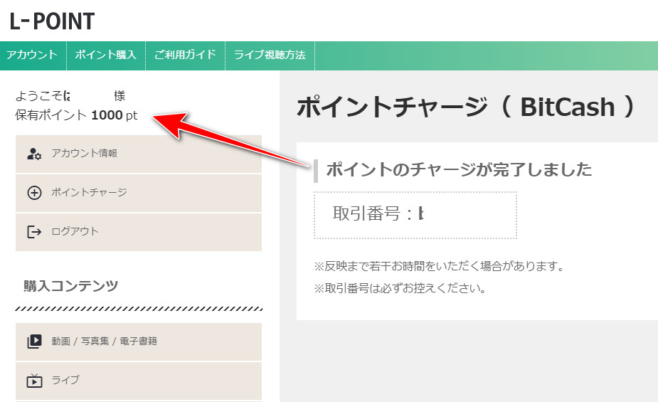 L-POINT 餘額顯示 1,000 點