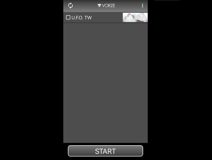 VORZE App 的裝置清單，顯示 U.F.O. TW 和 START 按鈕